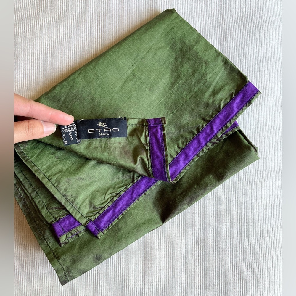 Vintage ETRO Italy Raw Silk Olive Green Purple Sheen Oblong Scarf Shawl 56”x18” - Picture 11 of 13